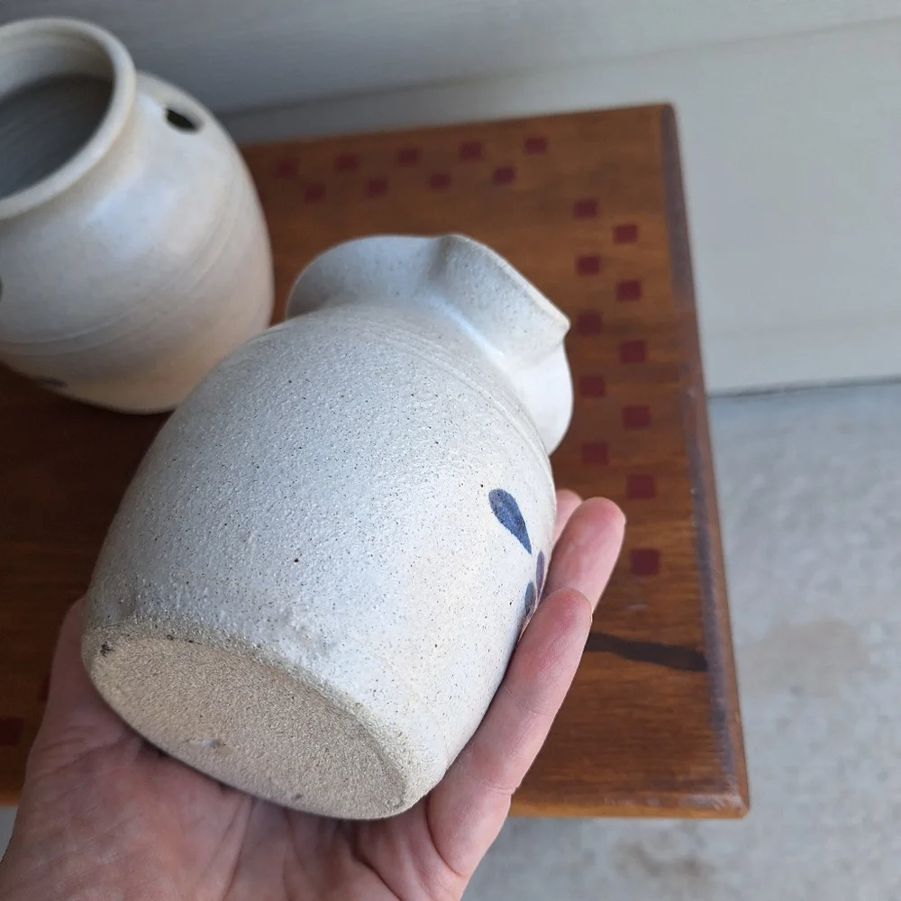 Vintage salt glazed Pinewood Valley stoneware creamer and sugar bowl blue hearts